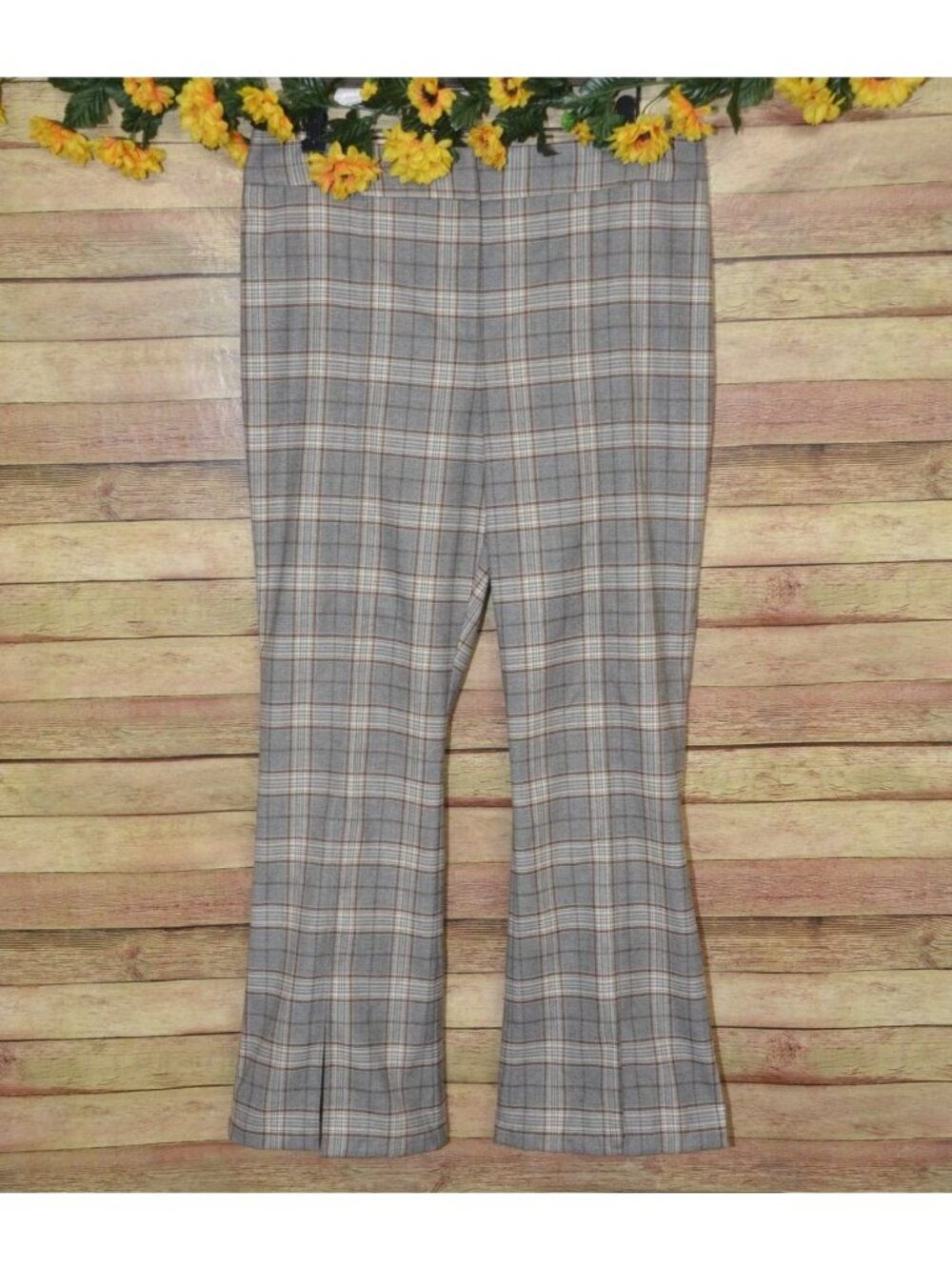 Gianni Bini Brown Plaid Straight Trousers Pants Size 12 Slit Hems Career Retro